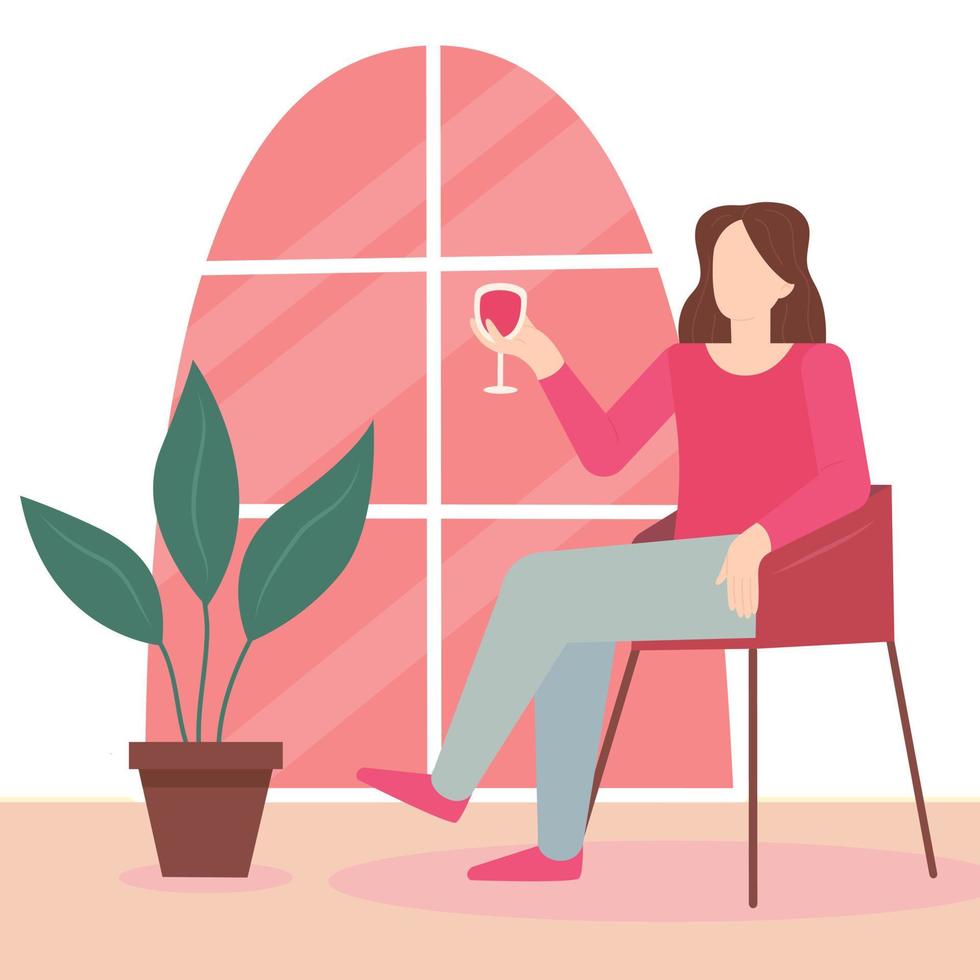 A woman drinks wine at home sitting by the window. Home rest. Spending time in a cozy house. Vector flat illustration.