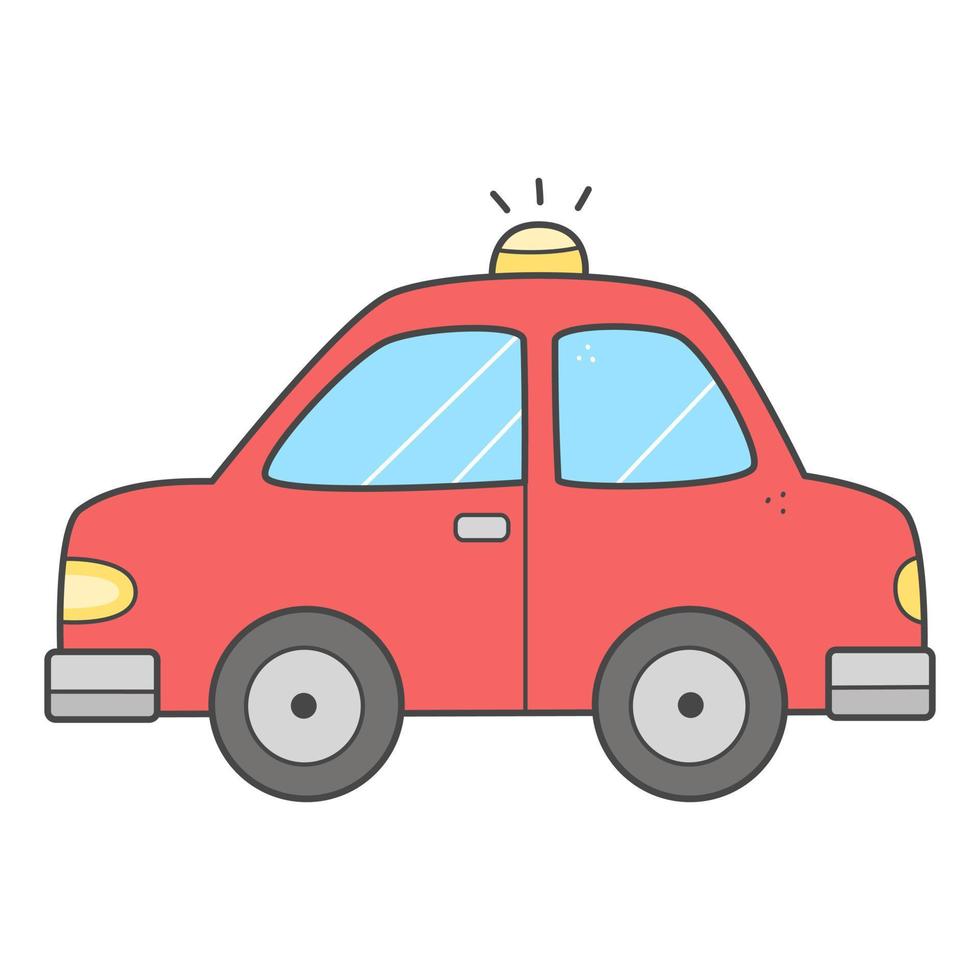 Red car children's illustration. Transport in cartoon doodle style. Vector isolated illustration for children.