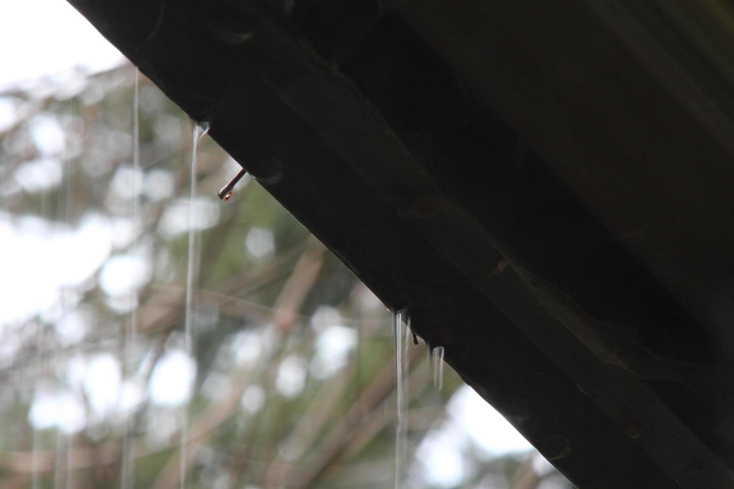 gotas de lluvia de los aleros mientras llueve. foto