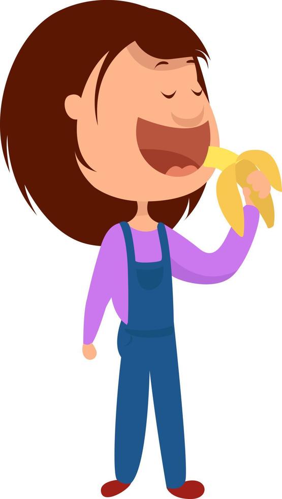 Girl eating banana, illustration, vector on white background