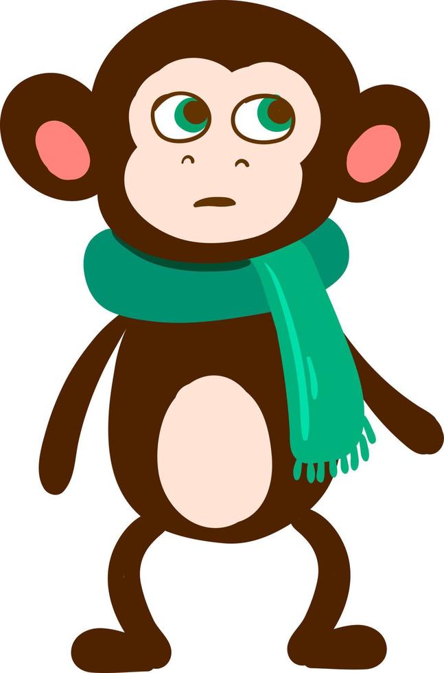 Monkey with green scarf, illustration, vector on white background