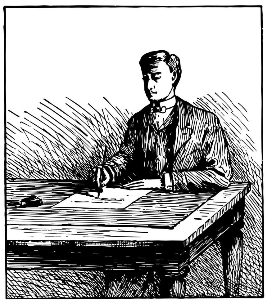 Man Writing at Table or seated at table writing, vintage engraving. vector