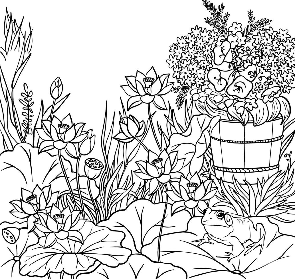 Elements of the garden black and white vector drawing. For coloring and illustration books