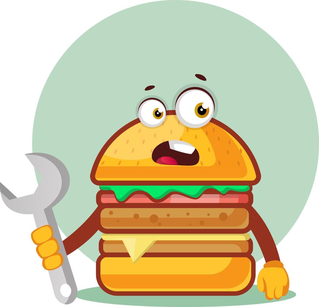 Burger is holding a monkey wrench, illustration, vector on white background.