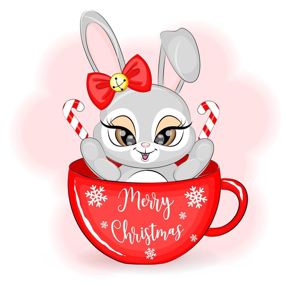 Cute Christmas bunny in a cup, vector illustration