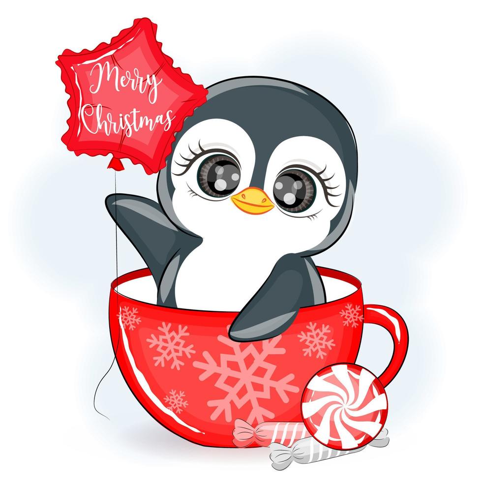 Cute penguin in a cup, vector Christmas illustration