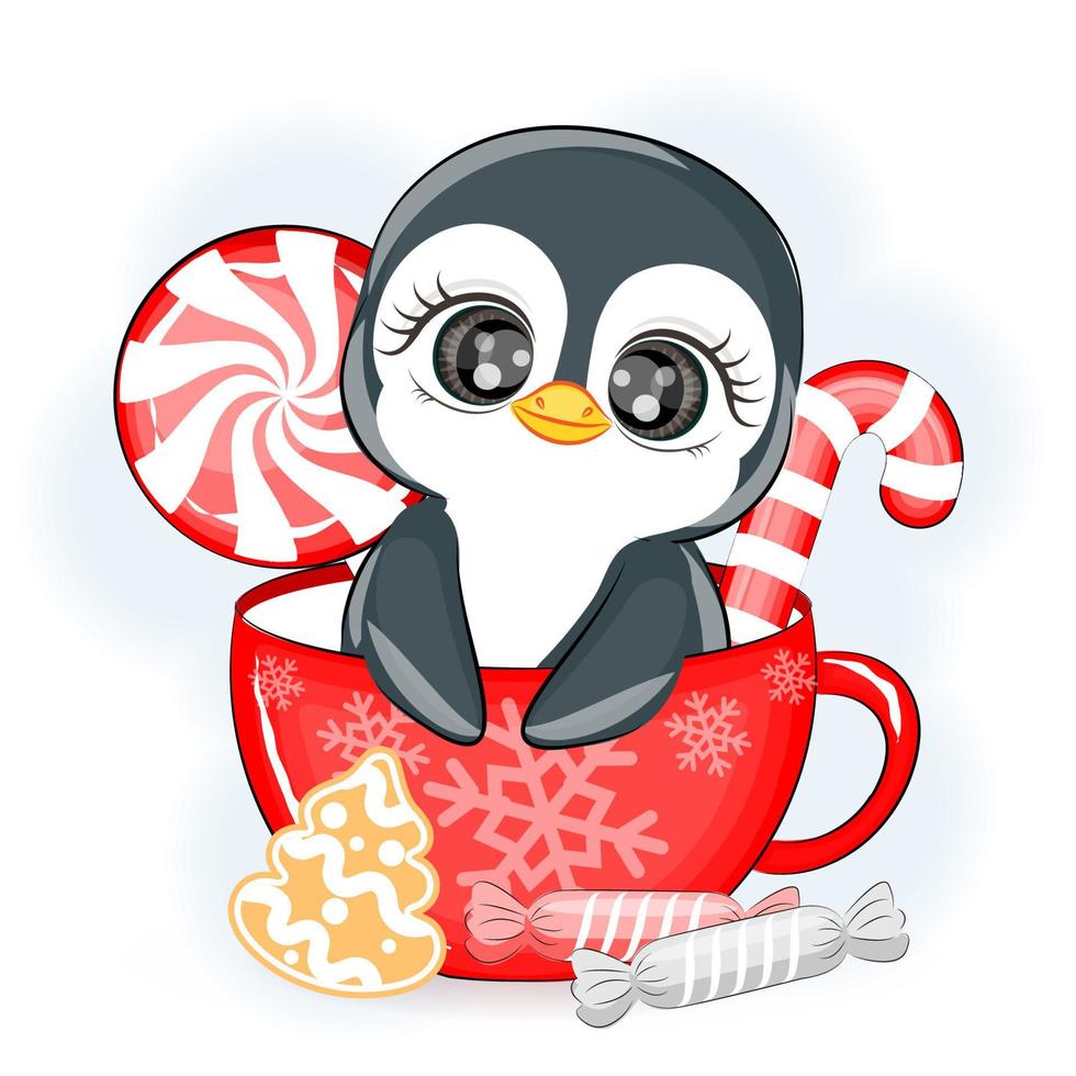 Cute penguin in a cup, vector Christmas illustration