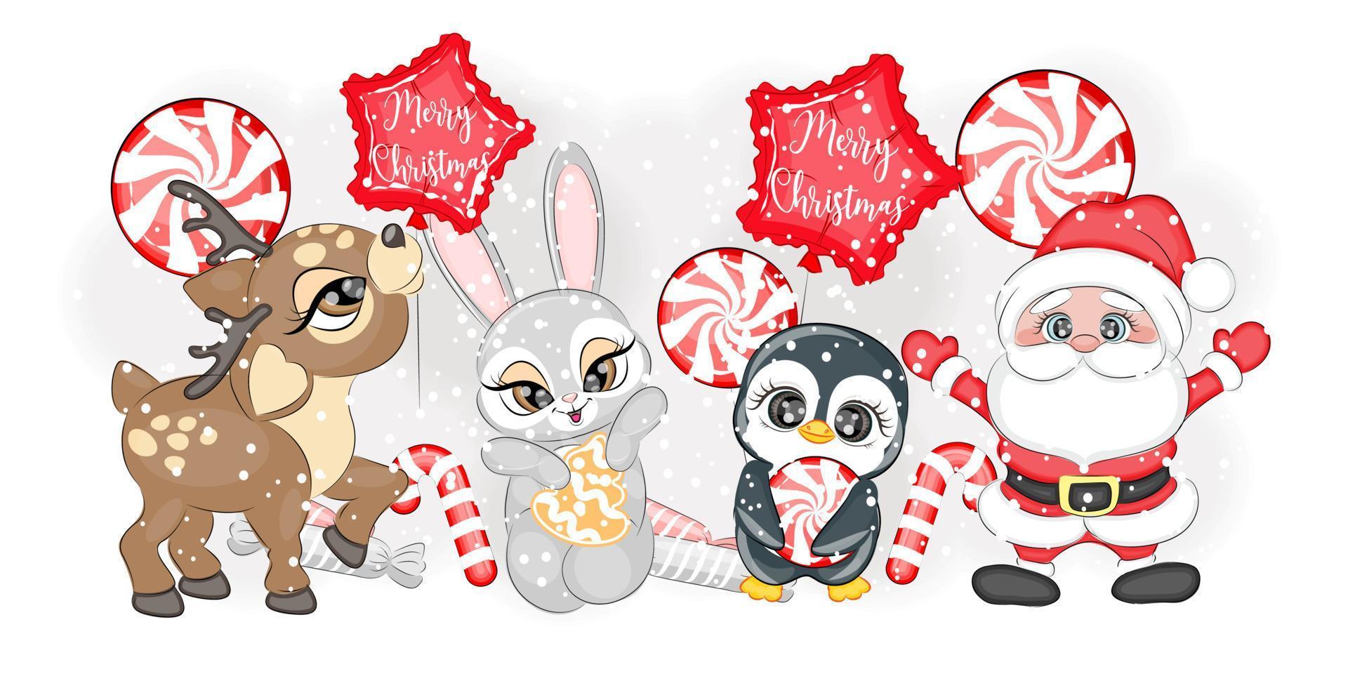 Cute Christmas Hare reindeer penguin and Santa Claus vector illustration