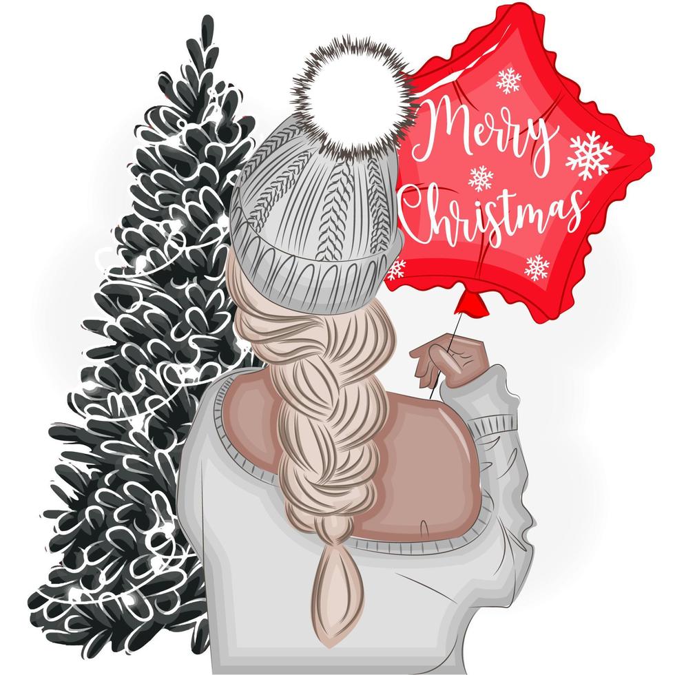Fashionable girl on Christmas Eve with braid and hat, fashionable vector illustration
