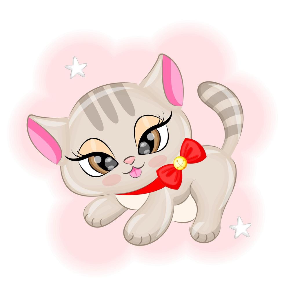 Cute kitten with a bow Christmas vector illustration