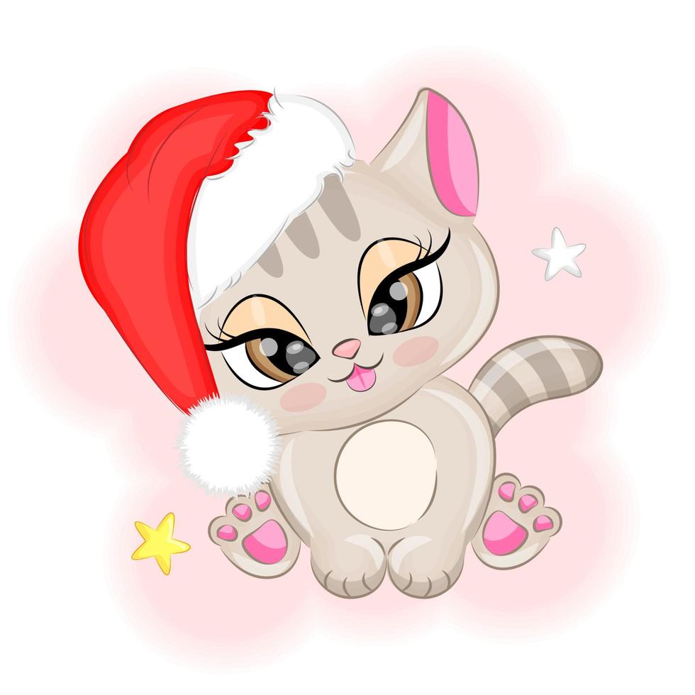 Lindo gatito en un sombrero de santa navidad ilustración vectorial vector