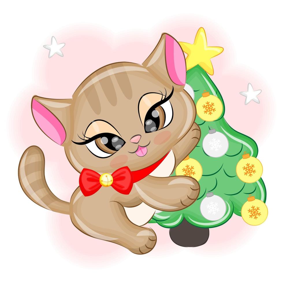 Cute kitten with a Christmas tree Christmas vector illustration