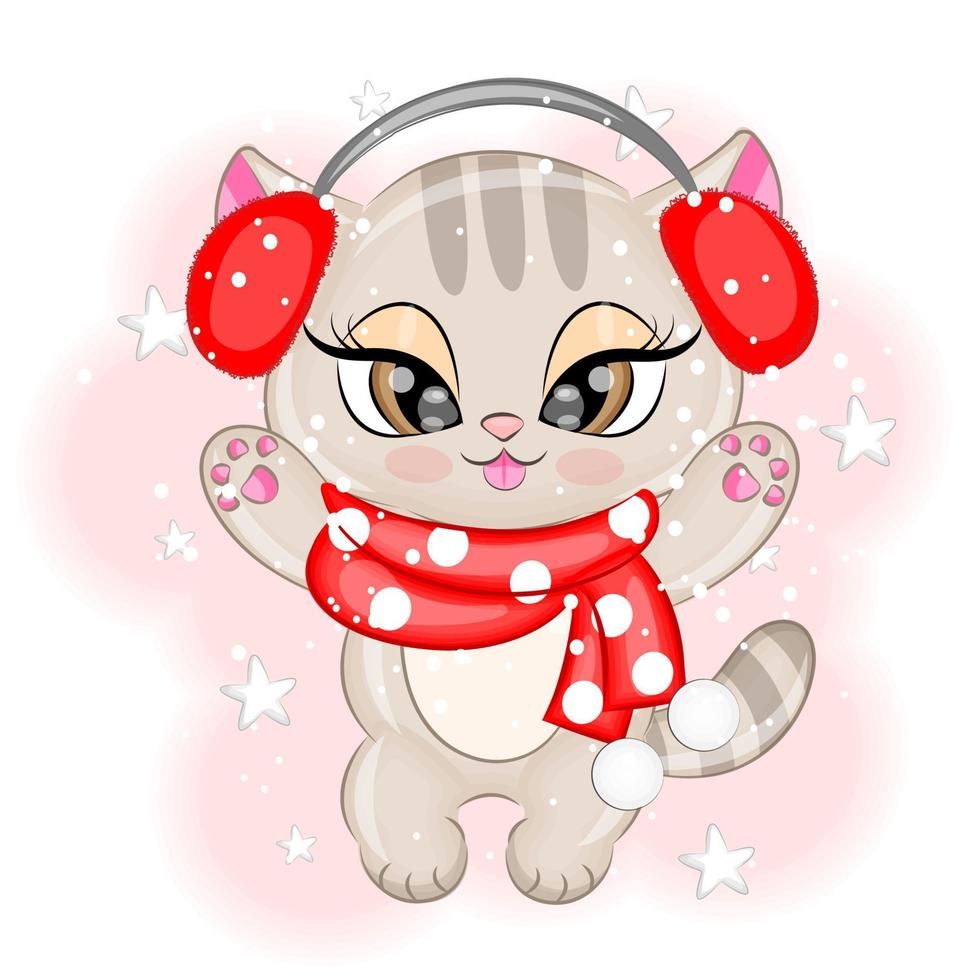 Cute kitten with fur headphones and scarf Christmas vector illustration