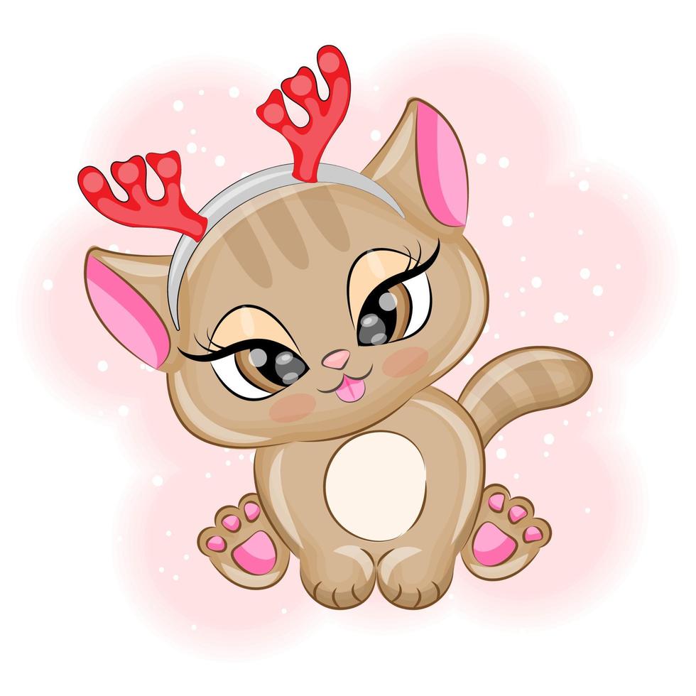 Cute kitten with reindeer antlers Christmas vector illustration