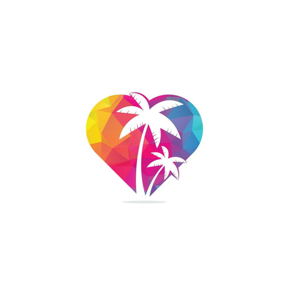 diseño de logo de playa tropical y palmera. diseño de logotipo de vector de concepto de forma de corazón de palmera