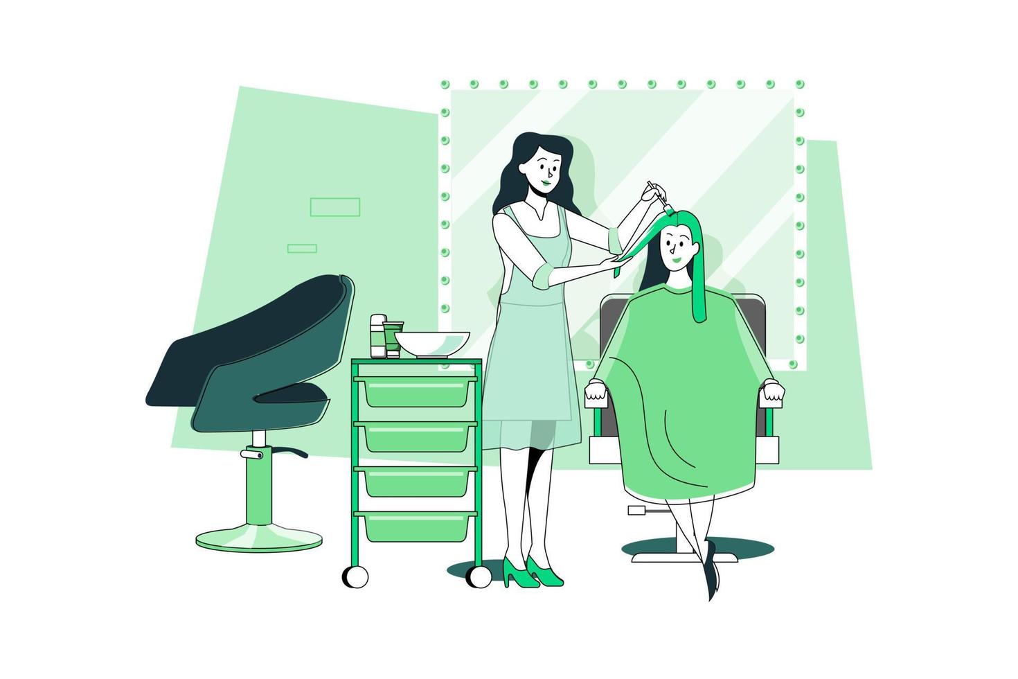 mujer que se tiñe el pelo por un peluquero en un salón de belleza. vector