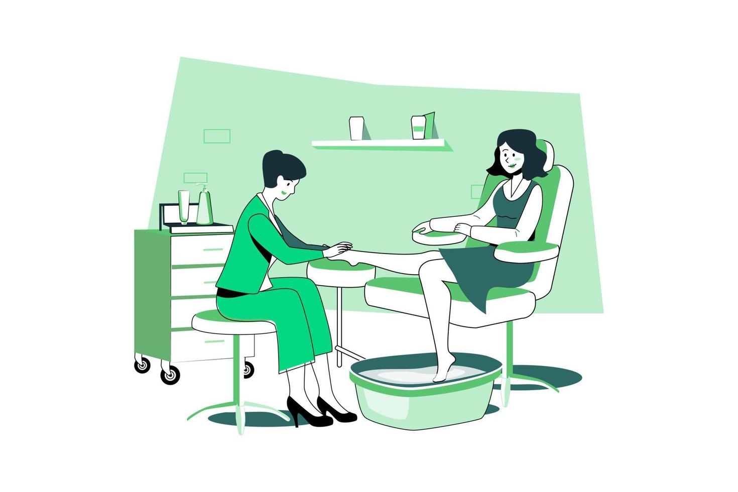 Woman receiving foot massage service from masseuse. vector