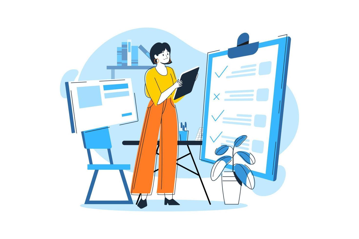 Female employee working on the tasklist vector