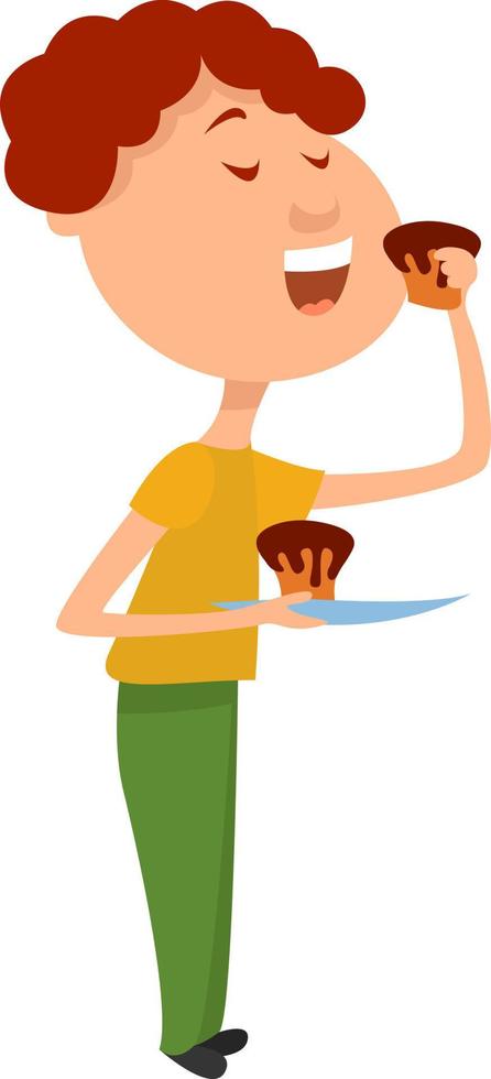 chico comiendo pastel, ilustración, vector sobre fondo blanco