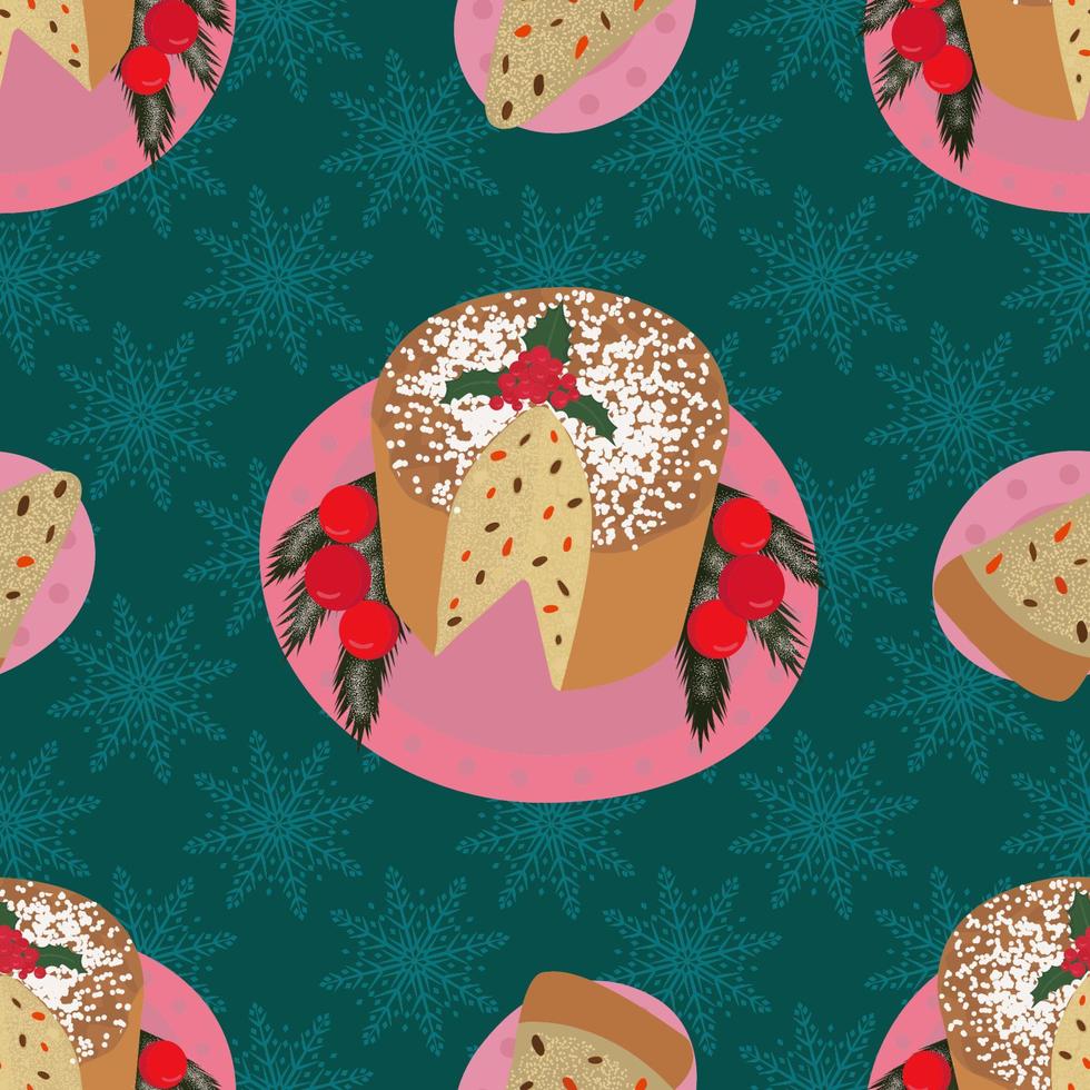 Seamless pattern with traditional Panettone Christmas cake.Italian Christmas cake panettone. Traditional sweet bread.For the menu of a cafe, bakery, restaurant or logo and label. vector