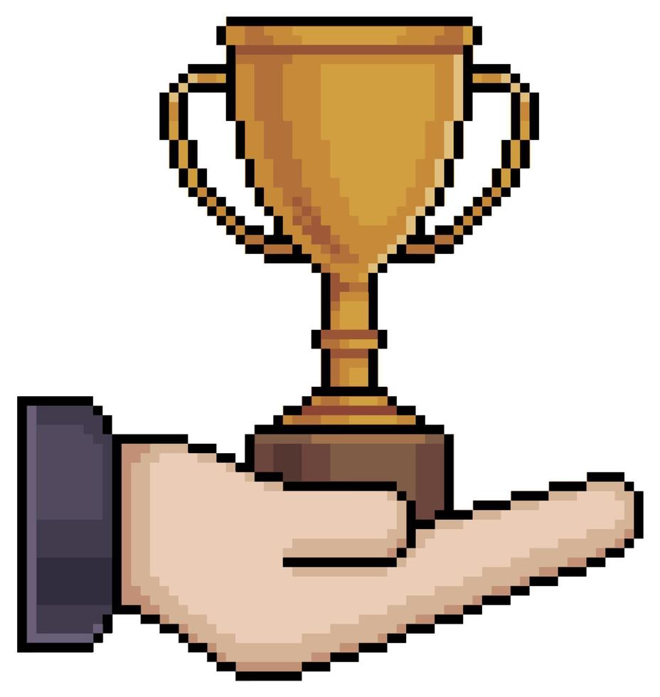 Pixel art hand holding trophy vector icon for 8bit game on white background