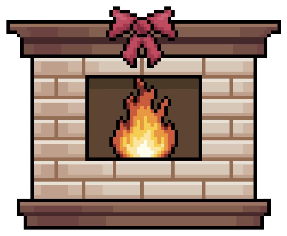 Pixel art fireplace with bow ornament, fireplace lit vector icon for 8bit game on white background