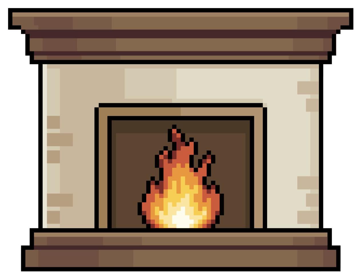 Pixel art fireplace with fire, burning fireplace vector icon for 8bit game on white background