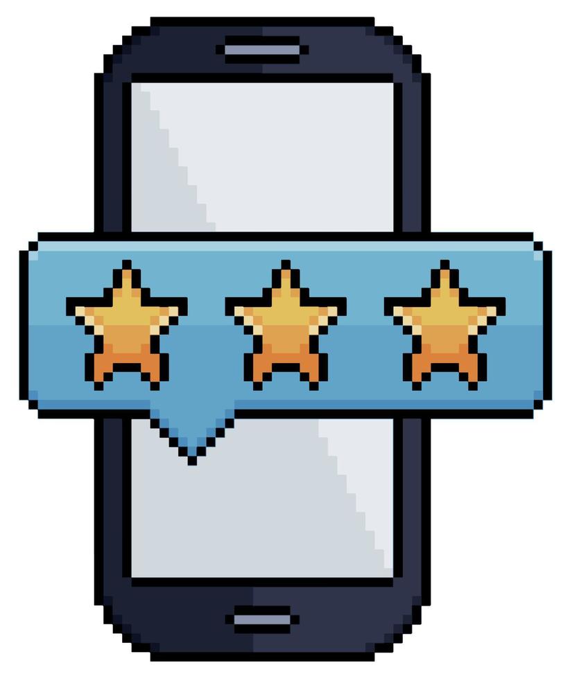 teléfono celular de pixel art con barra de clasificación de estrellas, icono de vector de teléfono móvil para juego de 8 bits sobre fondo blanco