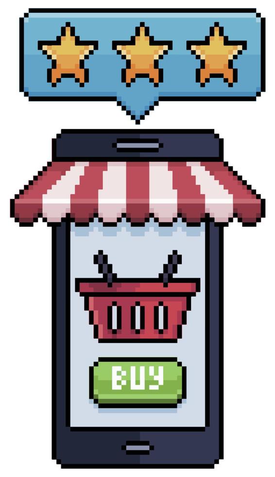 Pixel art mobile phone with online purchase review, cell phone with star rating bar vector icon for 8bit game on white background