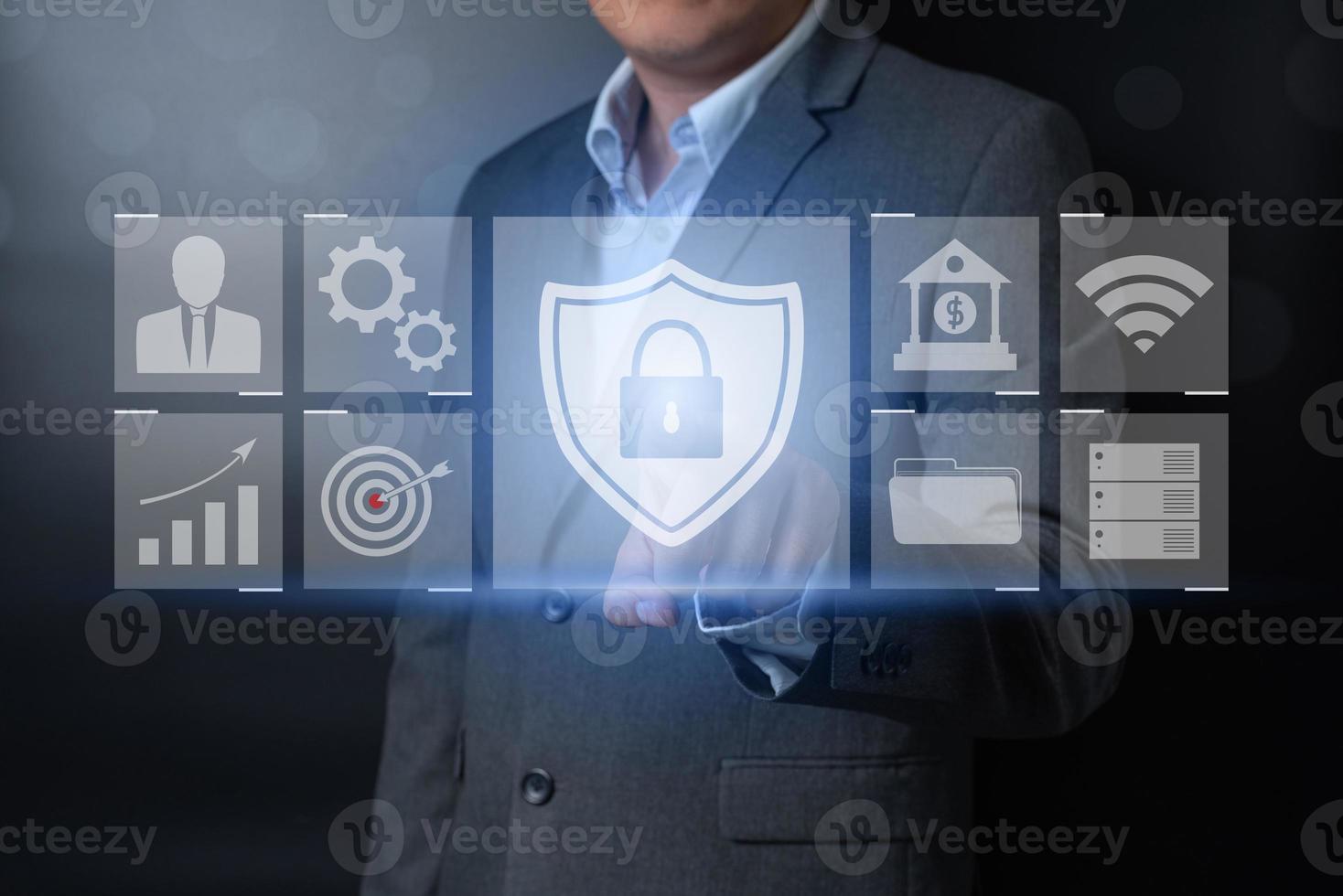 Double exposure of close up businessman pushing on key button with balck and gray background photo