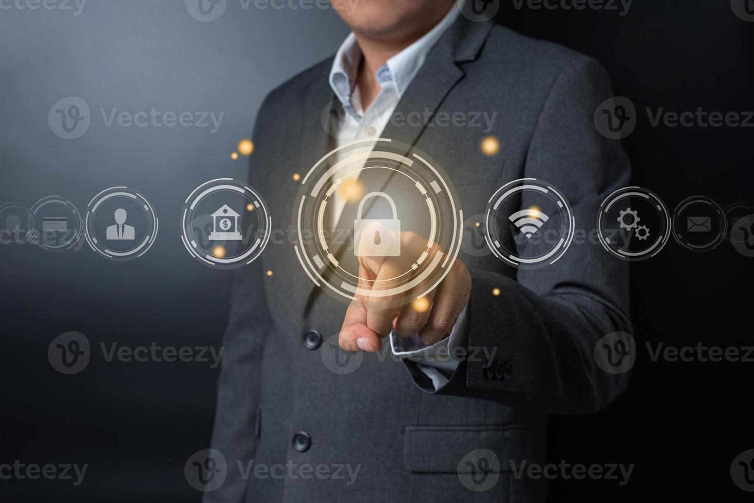 Double exposure of close up businessman pushing on key button with balck and gray background photo