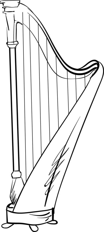 Harp drawing, illustration, vector on white background.