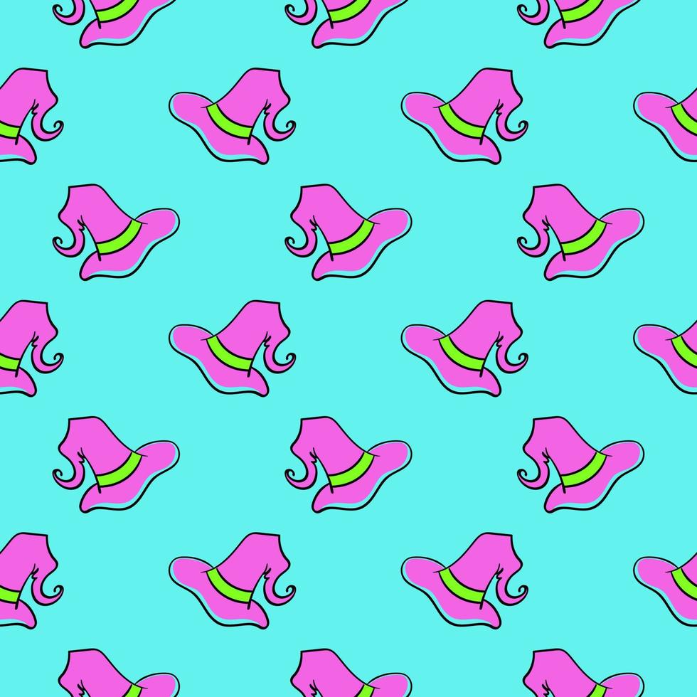 Pink witch hat , seamless pattern on a blue background. vector