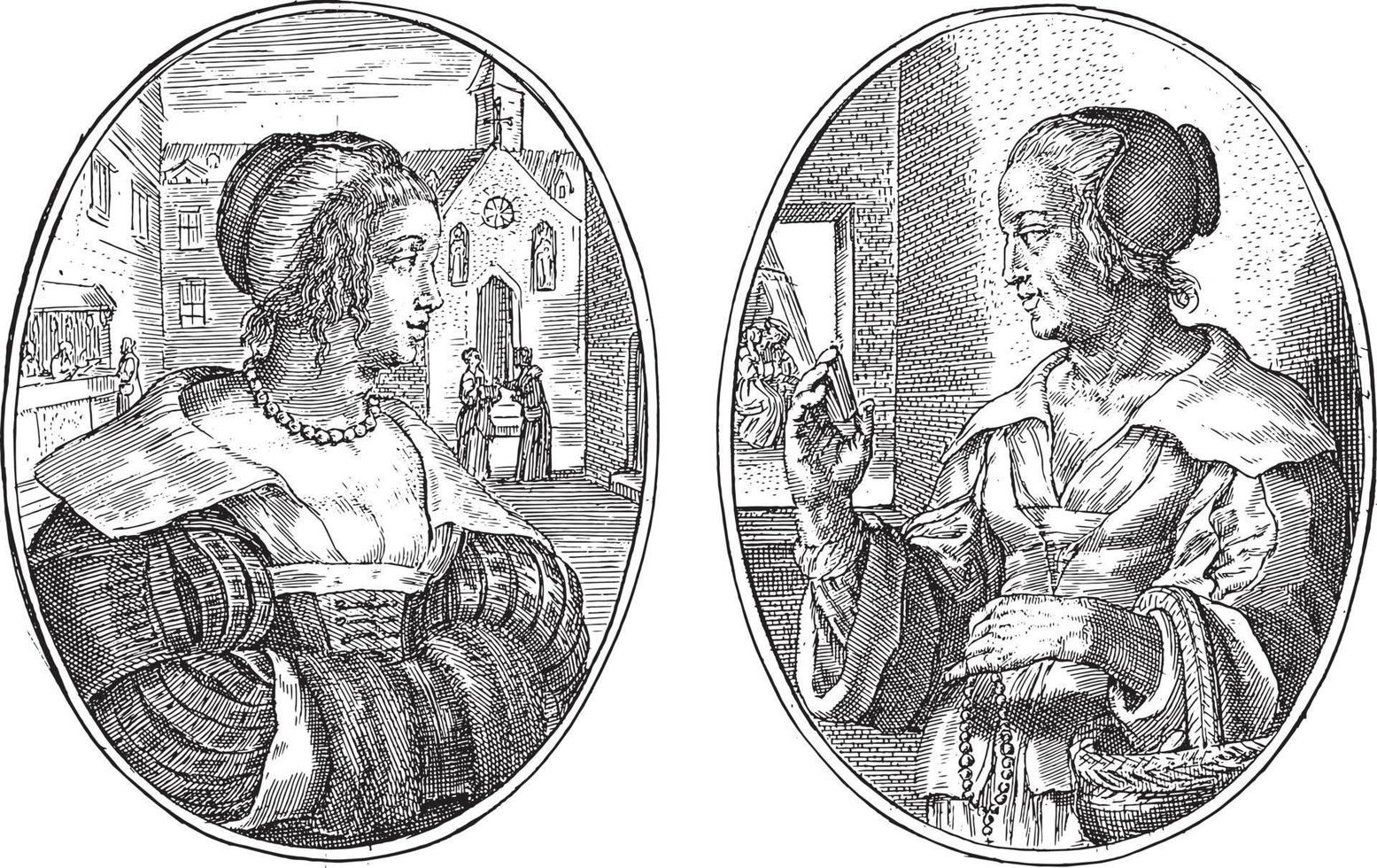 mujer ciudadana y casamentera, crispijn van de passe ii, 1641, ilustración vintage. vector