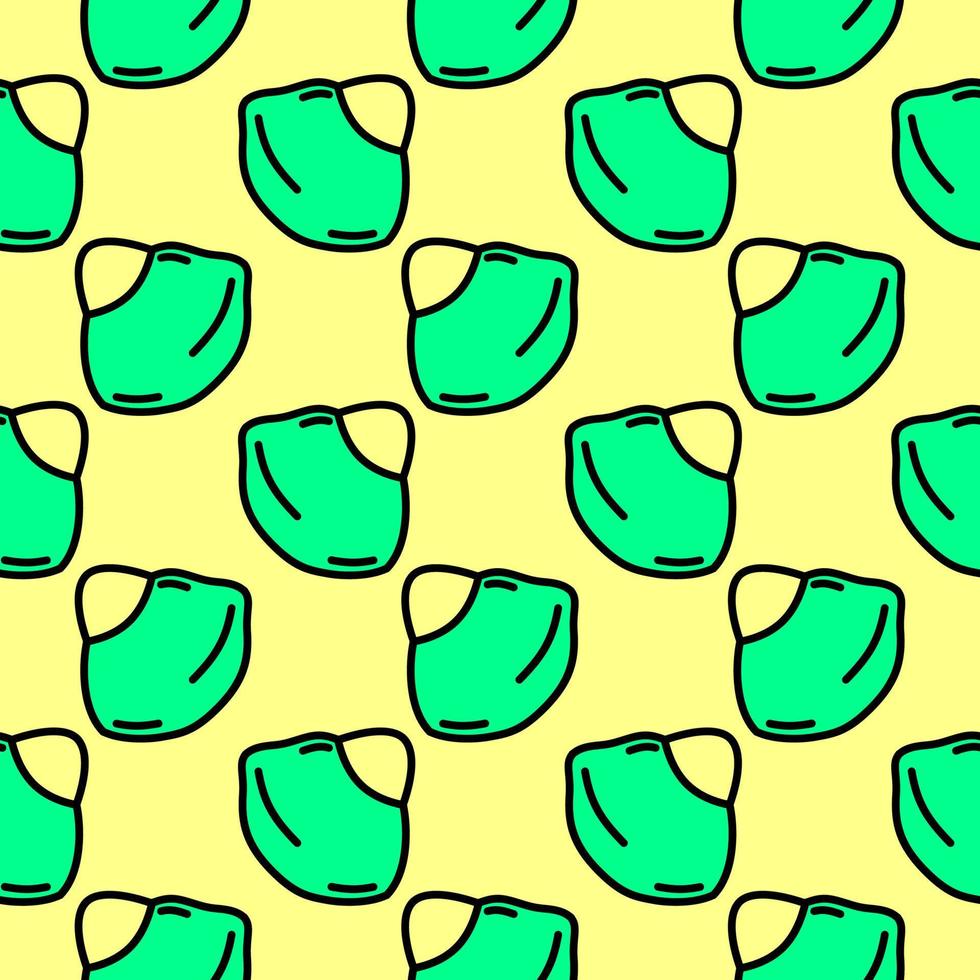 Green face mask, seamless pattern on yellow background. vector