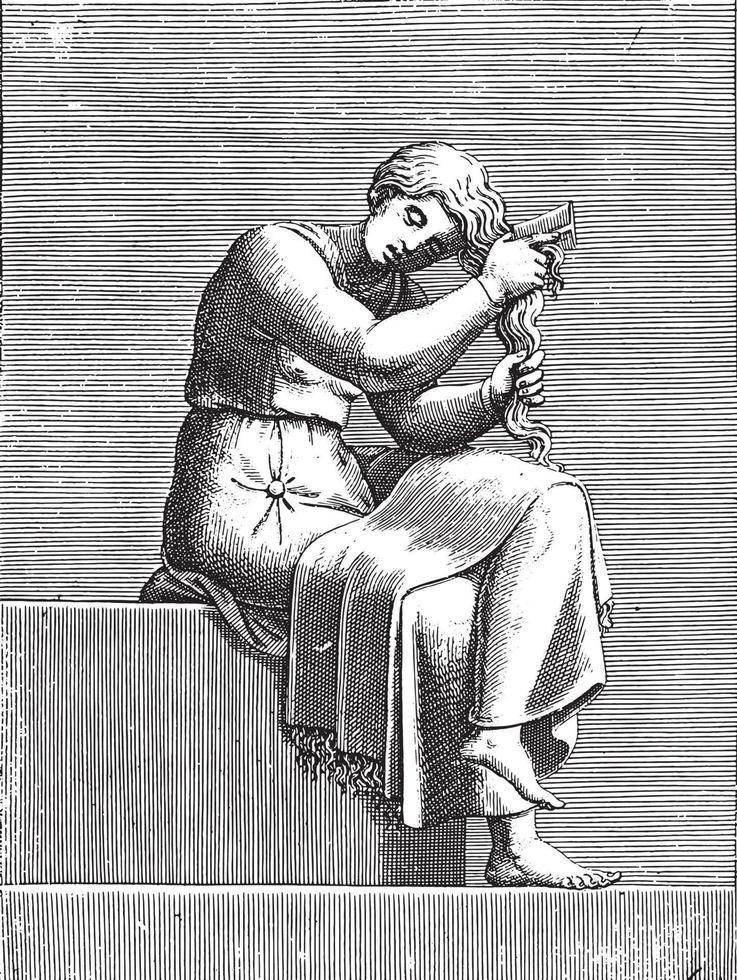 Woman Combing Her Hair, Adamo Scultori, after Michelangelo, 1585, vintage illustration. vector
