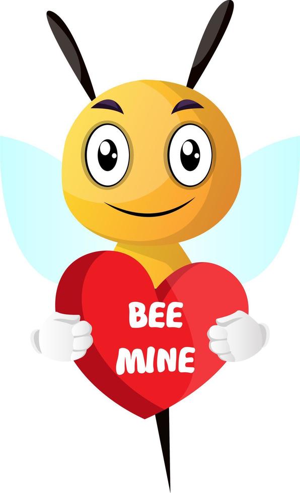 Abeja sosteniendo corazón, ilustración, vector sobre fondo blanco.