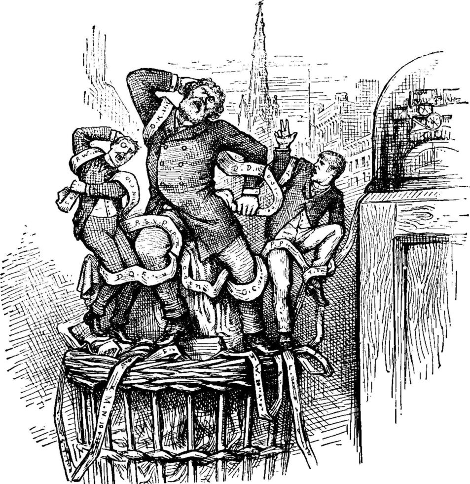 Men Standing on a Wooden Support, vintage illustration. vector