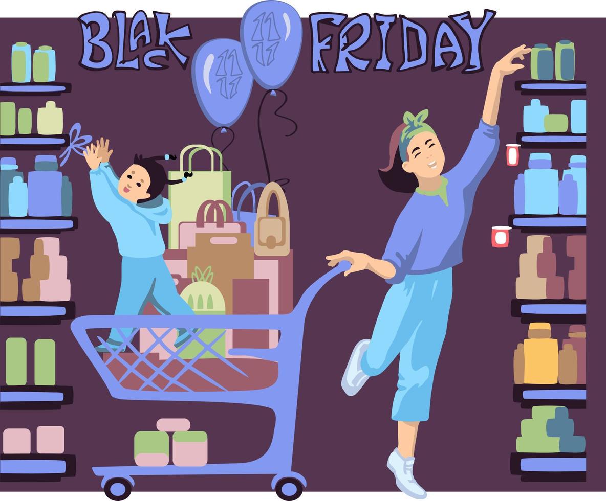 A young woman in a supermarket fills a cart with groceries. The child reaches for the product on the shelf. vector