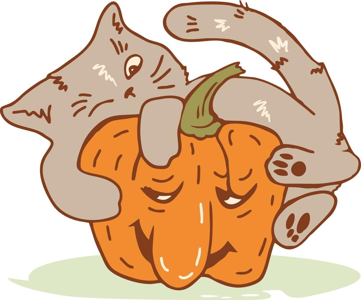 Funny cat hugging a huge Halloween lantern pumpkin, vector