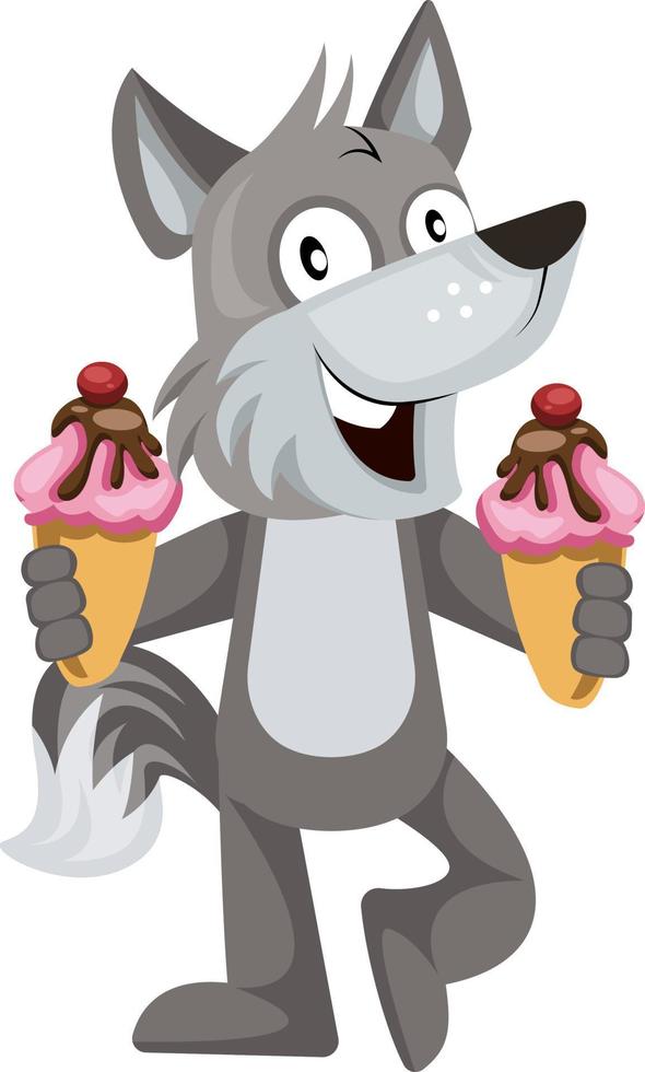 Wolf with ice cream, illustration, vector on white background.