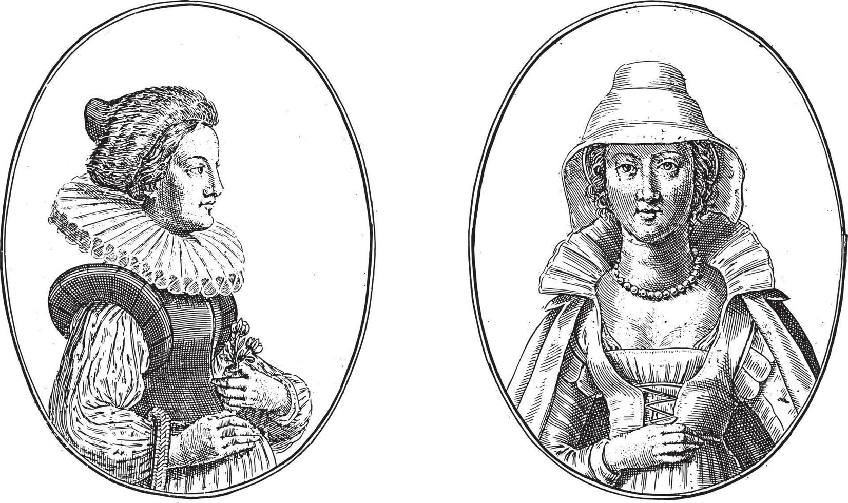 Portraits of the Balbiereis Ket van Frankfurt and Anna Rosina van Marburg, vintage illustration. vector