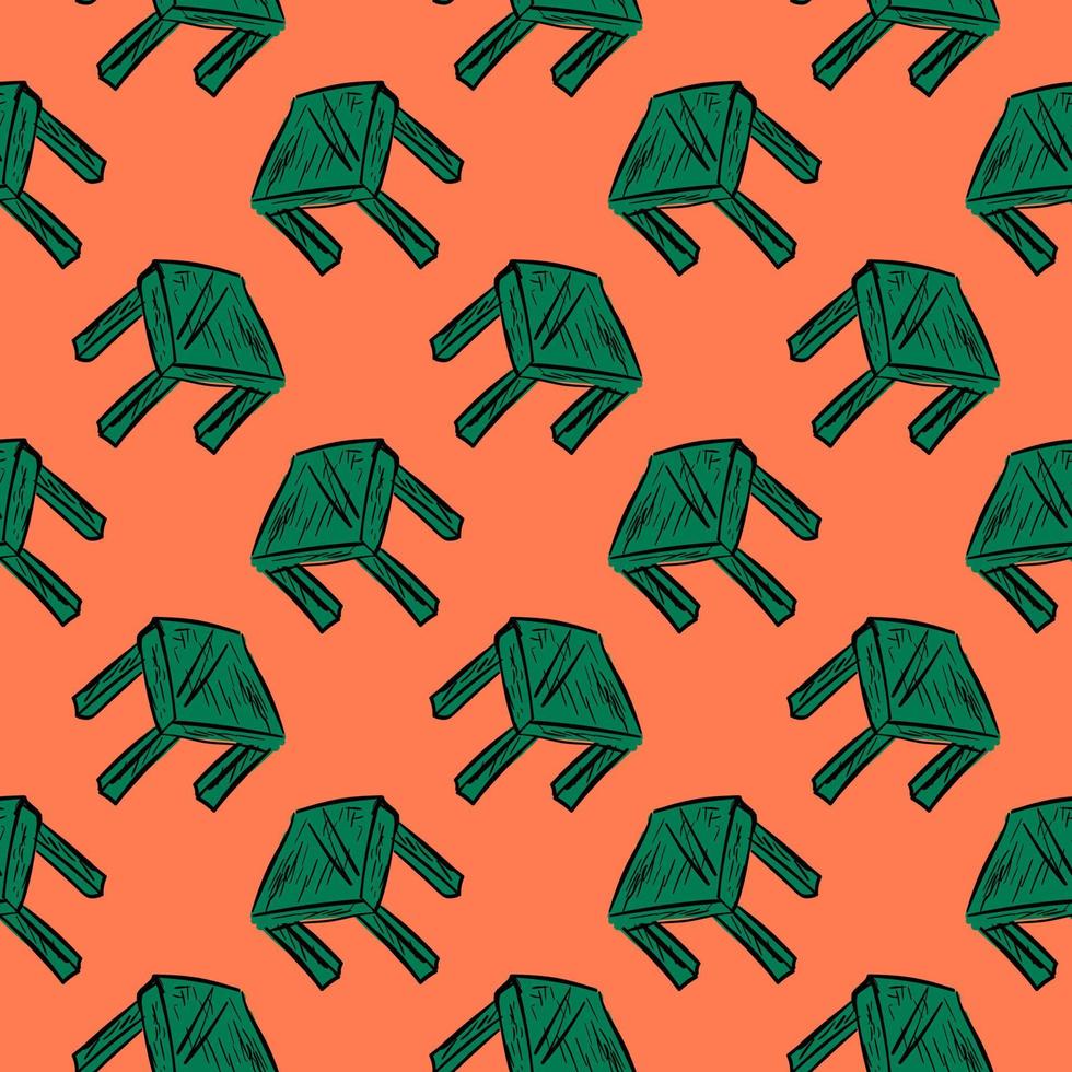 Green wooden chair, seamless pattern on orange background. vector