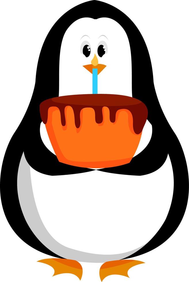 Pingüino sosteniendo pastel, ilustración, vector sobre fondo blanco.