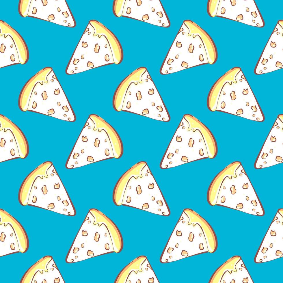 pizza con queso, patrón sin fisuras en un fondo azul. vector