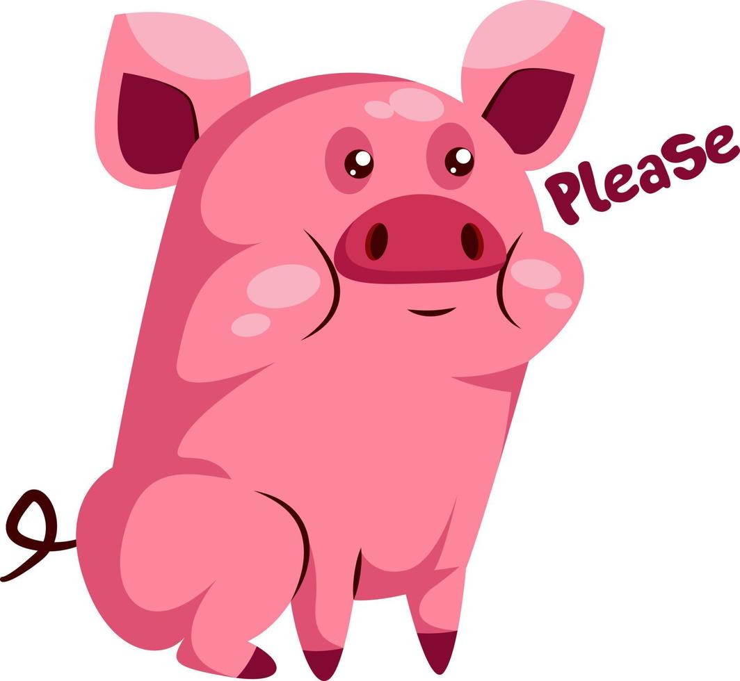 Cute pink piggy saying Please vector illustration on a white background