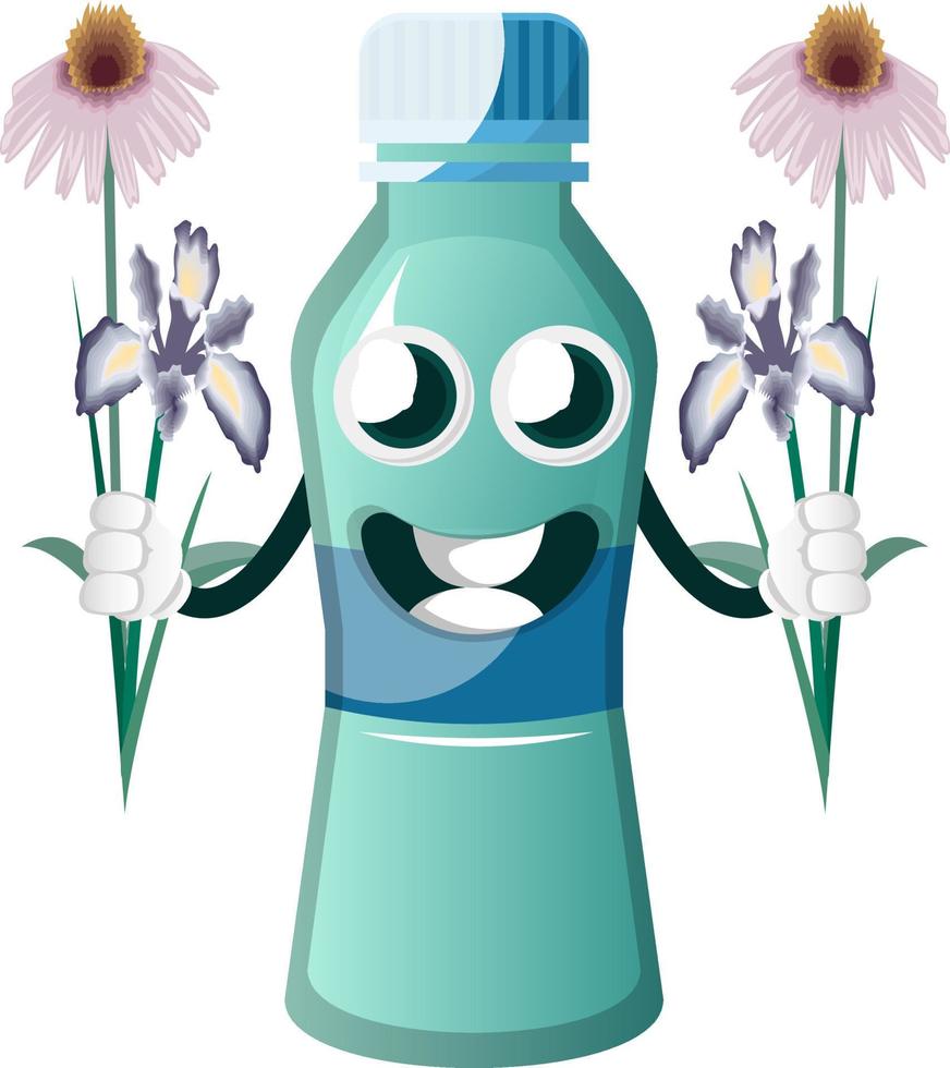 Bottle is holding flowers, illustration, vector on white background.