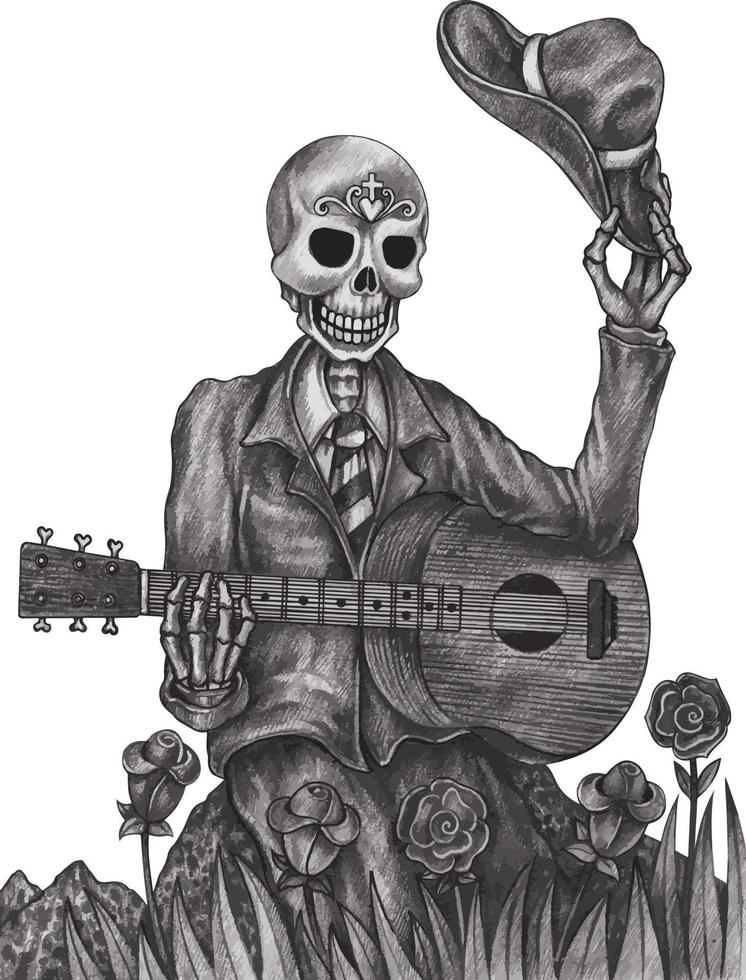 Art skull playing guitar day of the dead. Hand drawing and make graphic vector. vector