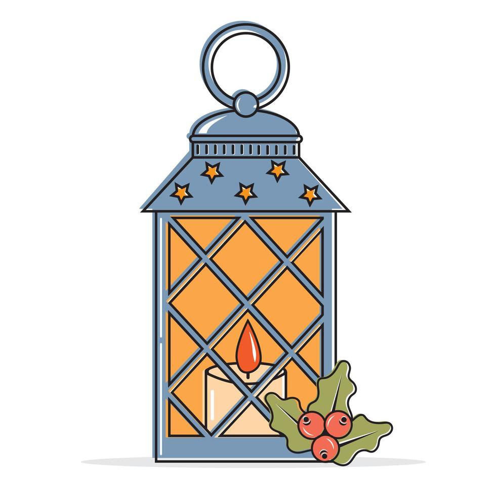 Interior landscape Christmas lantern with candle, color vector illustration in cartoon style.