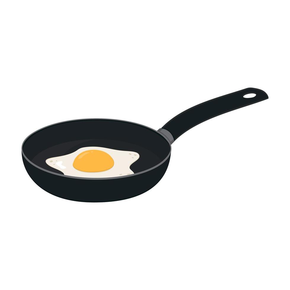 Fried egg in a black frying pan, color vector illustration